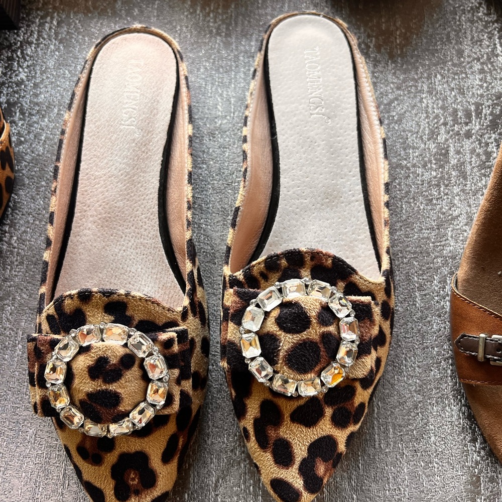 Dolce Vita Brown and Black Mules with Leopard Print